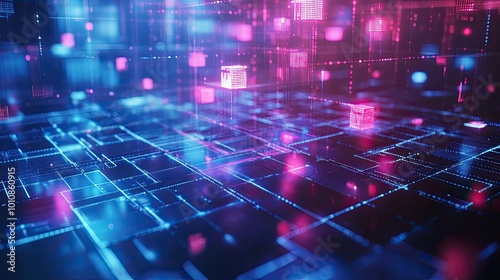 High-tech digital background with 3D rendering of floating polygons and neon grids  symbolizing data flow and modern technology.