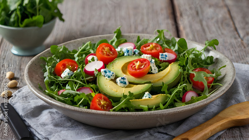 Healthy arugula salad with avocado, radish, bell pepper, tomato and Roquefort cheese