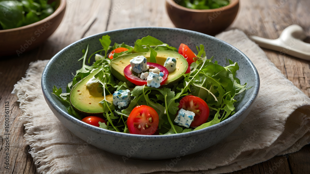 Healthy arugula salad with avocado, radish, bell pepper, tomato and Roquefort cheese Healthy arugula salad with avocado, radish, bell pepper, tomato and Roquefort cheese