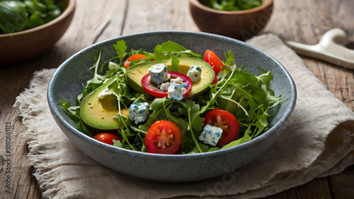 Healthy arugula salad with avocado, radish, bell pepper, tomato and Roquefort cheese