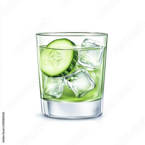 Glass of cucumber juice with ice cubes, isolated on white background for a cool and refreshing appearance.