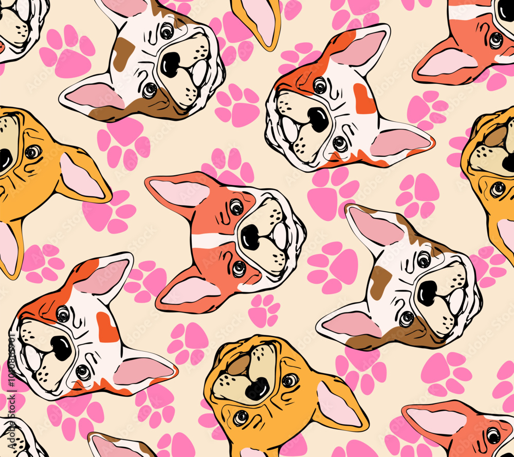 Obraz premium Bulldog. Hand drawn seamless pattern with French Bulldog breed on background design for fabric, wrapping, textile, posters, wallpaper, apparel illustrations. Textile composition.Vector illustration.