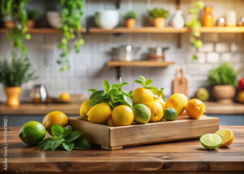 Fresh lemons and limes arranged on handcrafted wooden shelf, surrounded by vibrant greenery, create lively and inviting kitchen atmosphere