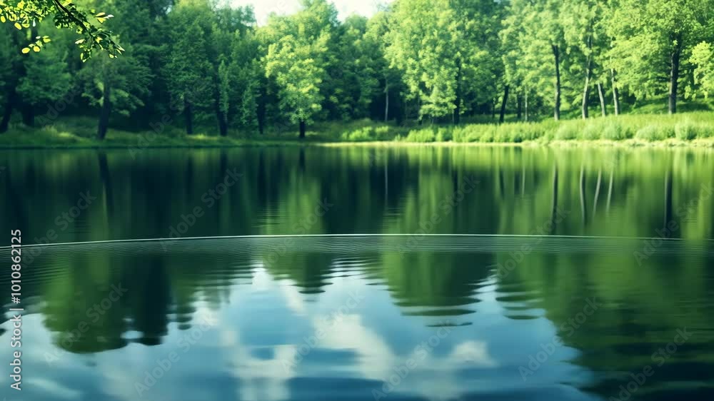 A calm lake reflects the green trees surrounding it on a sunny day A calm lake reflects the green trees surrounding it on a sunny day