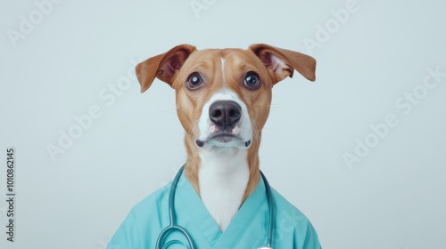 2410_024.serious-looking dog breed with loose skin folds, dressed as veterinary surgeon, aqua blue uniform, head-on view, clean white setting, professional pet care photo