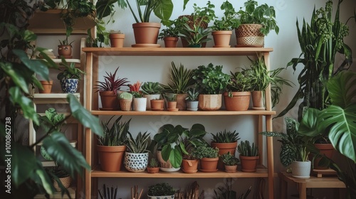 Indoor plants growing in pots of various sizes and designs, arranged on shelves and tables in a cozy home interior. Flower care tools are neatly placed for easy access.