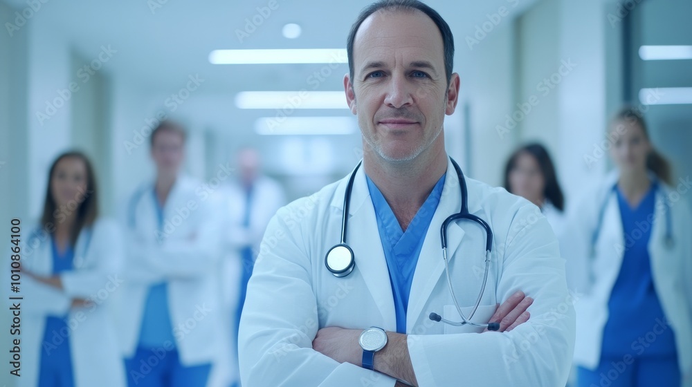 2410_056.medical team in white coats and blue scrubs, stethoscopes around necks, arms crossed confidently, blurred hospital corridor background, professional healthcare portrait 2410_056.medical team in white coats and blue scrubs, stethoscopes around necks, arms crossed confidently, blurred hospital corridor background, professional healthcare portrait