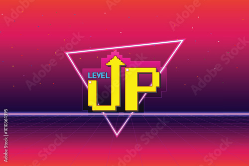 LEVEL UP. press start button. pixel art .8 bit game. retro game. for game assets .Retro Futurism Sci-Fi Background. glowing neon grid. and stars from vintage arcade computer games