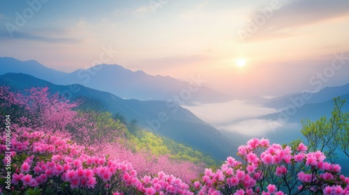 Morning sunlight filtering through the fog, illuminating pink azaleas blooming on Hwangmaesan Mountain with a breathtaking view of misty mountains in the background.