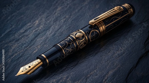 A fancy black and gold fountain pen rests on a dark surface. The focus is on the pen itself.