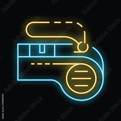 Glowing neon line electric jigsaw with steel guide being plugged in icon isolated on black background. Power tool for wood cutting began working. Vector illustration