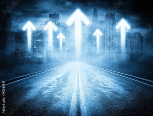 A mysterious scene featuring glowing arrows pointing upwards towards a foggy city skyline  symbolizing progress or direction.
