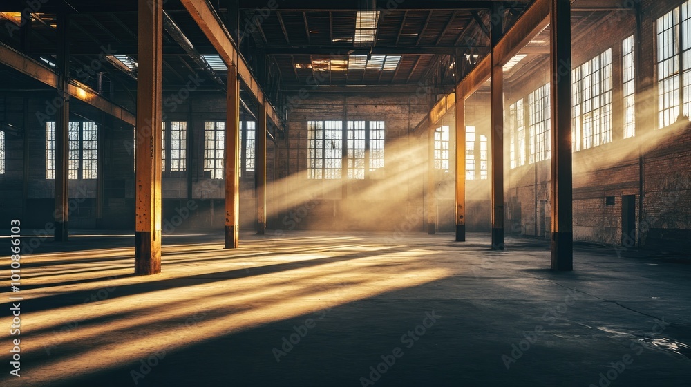 Rays of sunlight streaming through high windows in a spacious, empty warehouse with exposed wooden columns, creating a moody, atmospheric interior. Rays of sunlight streaming through high windows in a spacious, empty warehouse with exposed wooden columns, creating a moody, atmospheric interior.