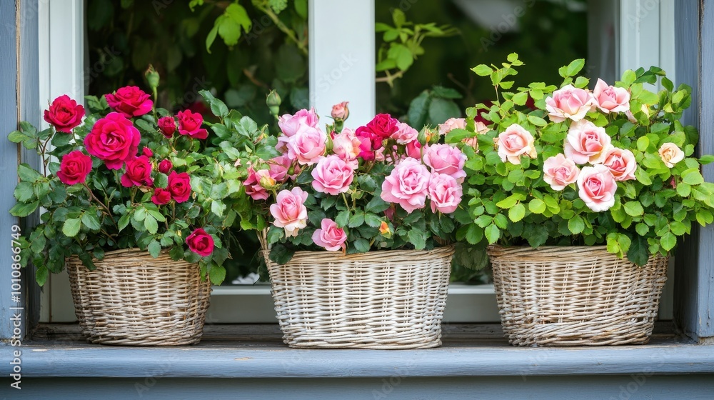 Roses in elegant wicker baskets displayed on a rustic window ledge. Lush greenery and bright flowers add a pop of color to the home decor. Roses in elegant wicker baskets displayed on a rustic window ledge. Lush greenery and bright flowers add a pop of color to the home decor.
