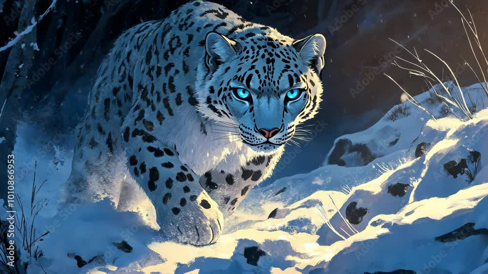 A snow leopard with bright blue eyes walks through a snowy landscape at night