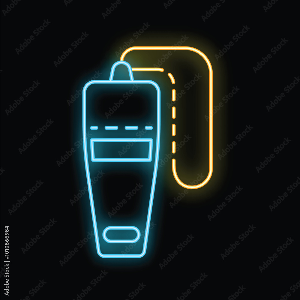 Fotografie Glowing neon sign representing wireless bluetooth headset for mobile phone on bl