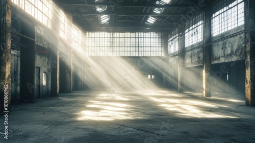 Rustic warehouse interior with sunbeams cutting through the dust-filled air  illuminating rough concrete floors and exposed support columns in a weathered industrial space.