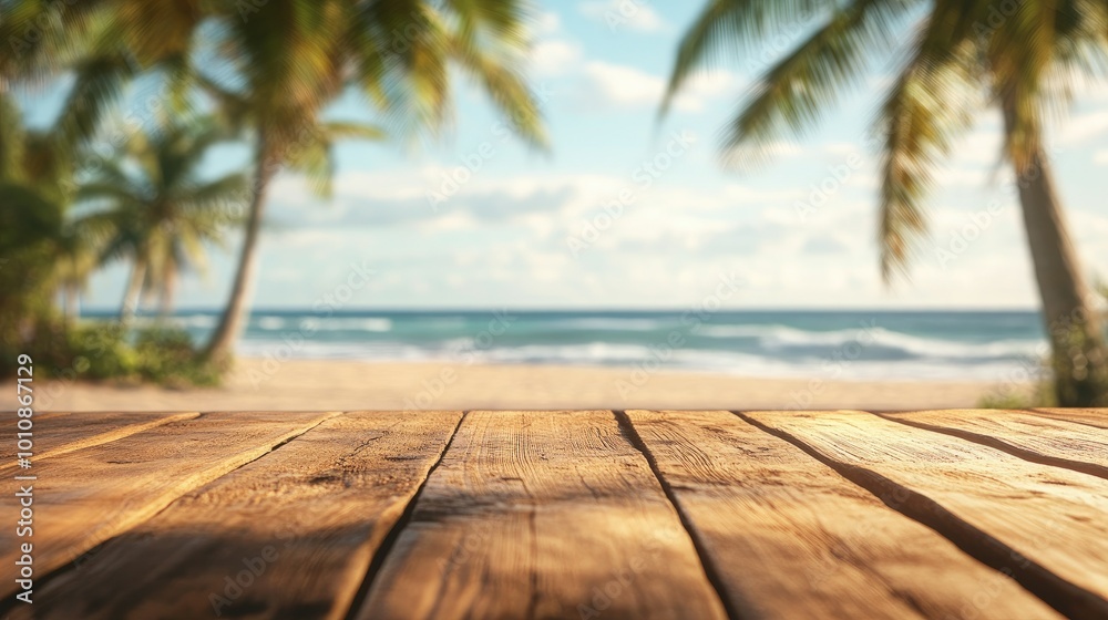 Rustic wooden table in the foreground with a blurry view of a sandy beach and coconut palms in the distance, ideal for tropical vacation themes. Rustic wooden table in the foreground with a blurry view of a sandy beach and coconut palms in the distance, ideal for tropical vacation themes.