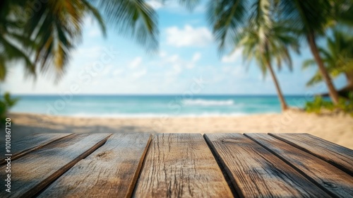 Rustic wooden table in the foreground with a blurry view of a sandy beach and coconut palms in the distance  ideal for tropical vacation themes.