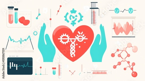 2410_111.flat design medical infographic, beige background, central red heart with gears, teal hands holding heart, microscope, tooth, thermometer, stethoscope, dna helix, medicine capsules, syringe,