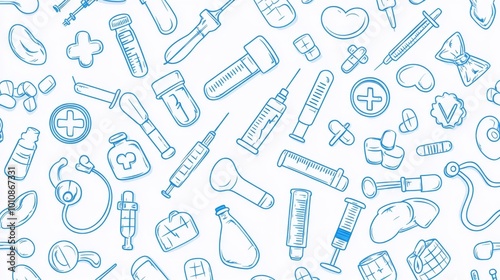 2410_116.seamless medical icons pattern, light blue line drawings on white background, stethoscopes, syringes, pill bottles, microscopes, thermometers, ecg waves, scattered arrangement, vector