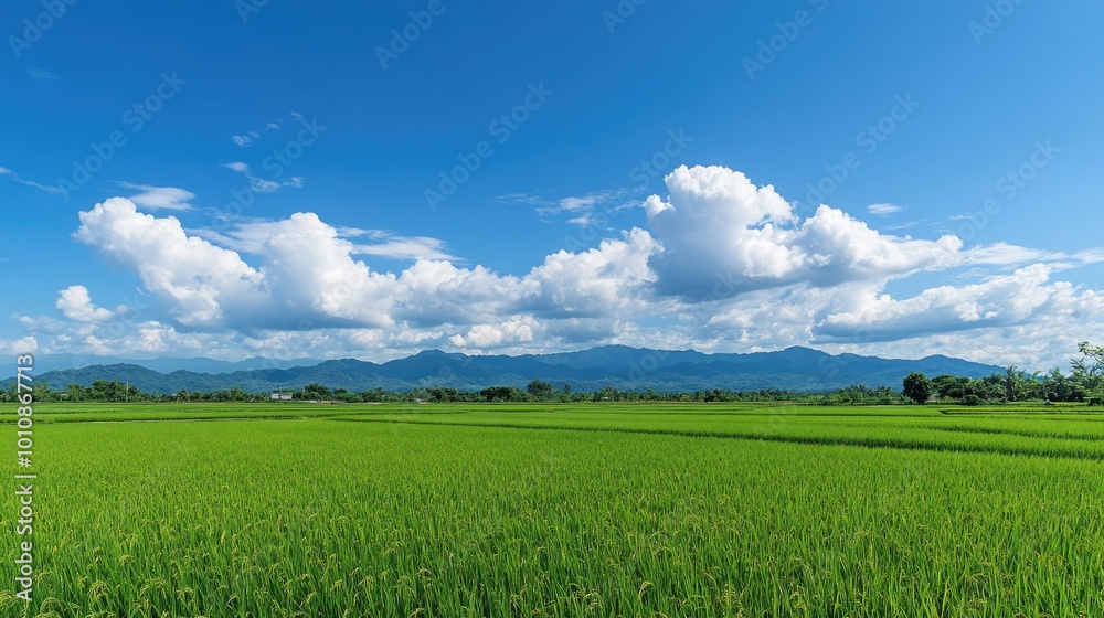 Scenic rice field with lush green grass and white clouds floating in a blue sky, all against a clean white background for rural landscapes Scenic rice field with lush green grass and white clouds floating in a blue sky, all against a clean white background for rural landscapes