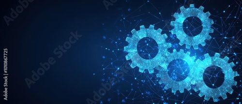 A visually striking image of glowing blue gears, symbolizing technology, innovation, and interconnected systems against a dark background.