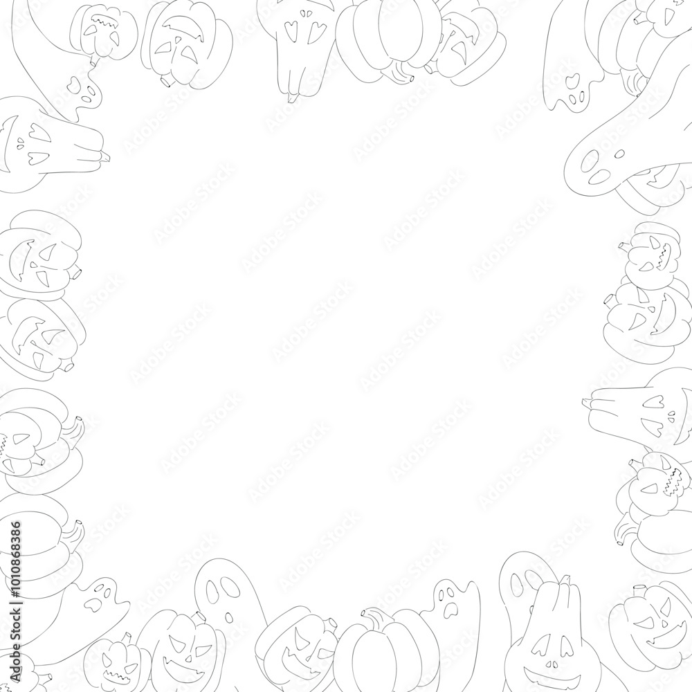 Hand Drawn Happy Halloween Seamless Pattern black and white frame. Pumpkin, Ghost, Bat, Skull Sketch style monochrome vector border. Hand Drawn Happy Halloween Seamless Pattern black and white frame. Pumpkin, Ghost, Bat, Skull Sketch style monochrome vector border.