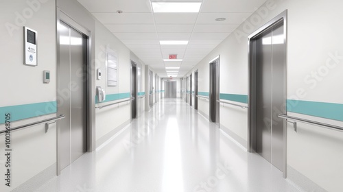 2410_162.minimalist medical facility hallway, pristine white interior, turquoise stripe detail, recessed lighting panels, semi-transparent patient room dividers, stainless steel elevator doors, empty