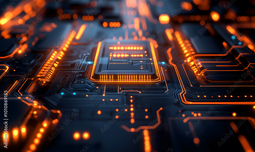 Close-up image depicts a futuristic circuit board with glowing data lines and digital interfaces, representing technology and innovation, AI chip. Neon light, Close-up image depicts a futuristic circuit board with glowing data lines and digital interfaces, representing technology and innovation, AI chip. Neon light,