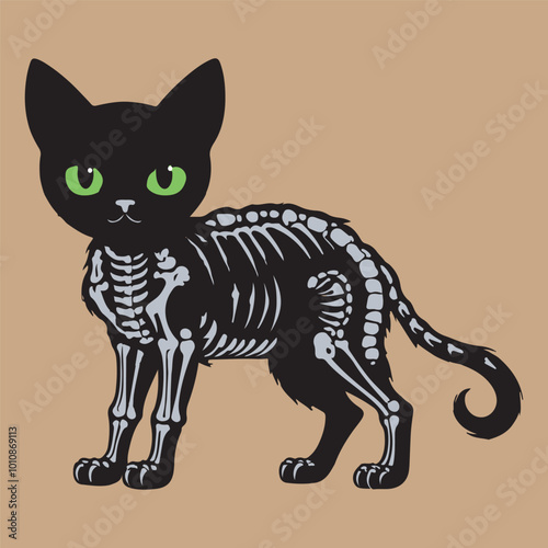 Set of skeleton black cats with Dark Green Eye. Collection of silhouette halloween cats with bones costume. Vector illustration. Tattoo