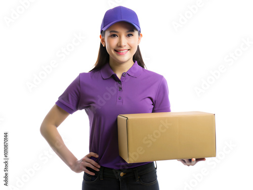 Young Lady Delivery Woman Holding a Cardboard Box in Purple Casual Clothes, Png Clipping Path Transparent Background