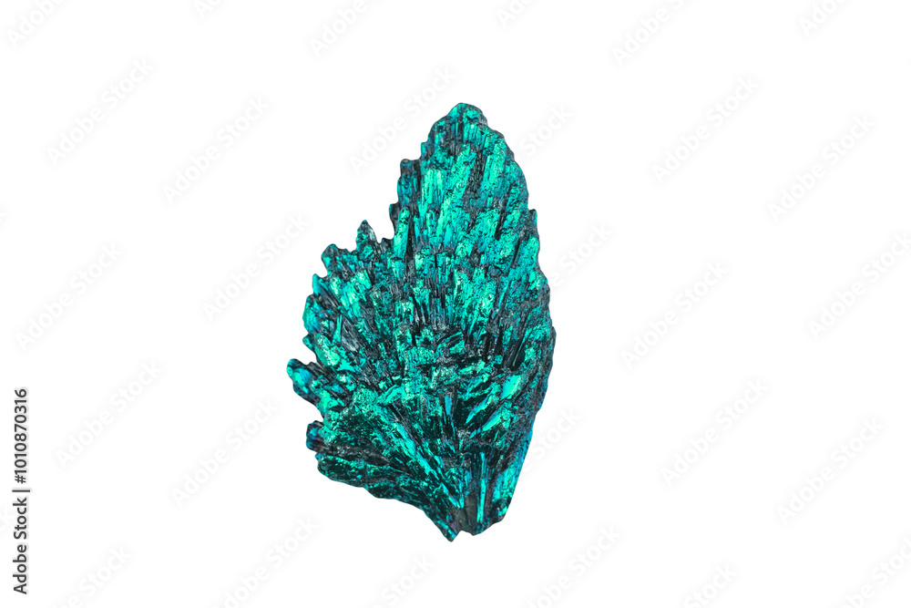 Fotografie Bright turquoise crystal with sharp facets on a white background, highlighting i