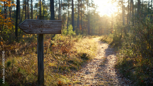 Forest trail signpost during golden hour in a serene woodland setting