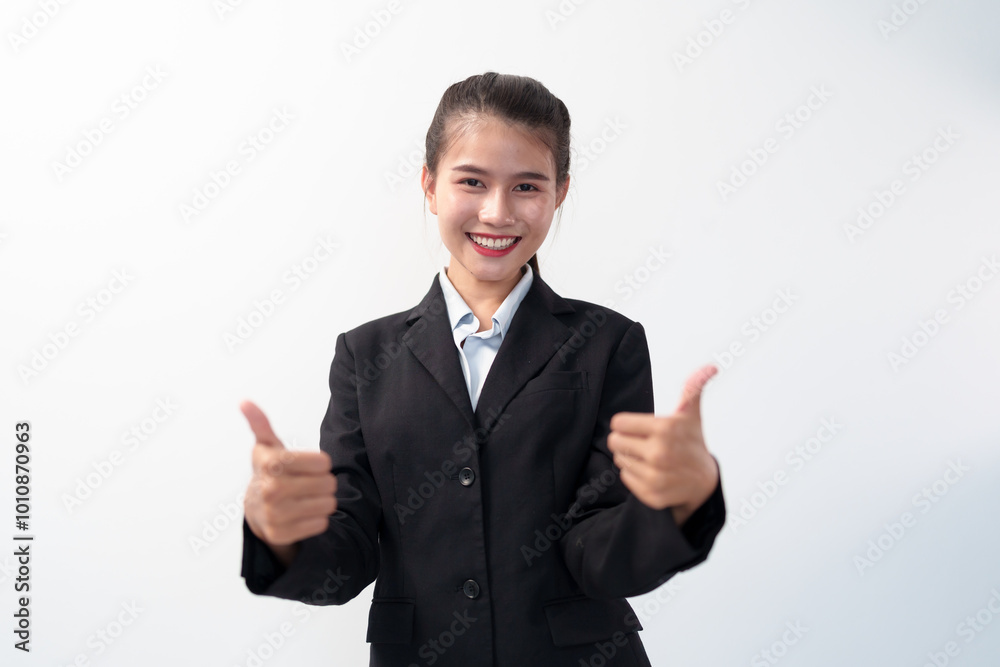 Positive Asian young Business woman showing thumbs up looking at camera on white background checking for good employment Positive Asian young Business woman showing thumbs up looking at camera on white background checking for good employment
