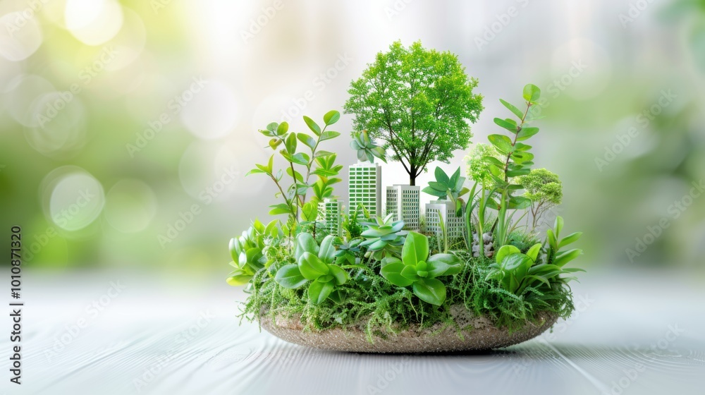A miniature green landscape with a tree and modern buildings, symbolizing sustainable urban development and environmental harmony.