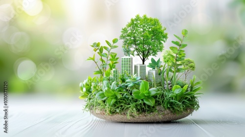 Obraz na płótnie A miniature green landscape with a tree and modern buildings, symbolizing sustainable urban development and environmental harmony. w salonie