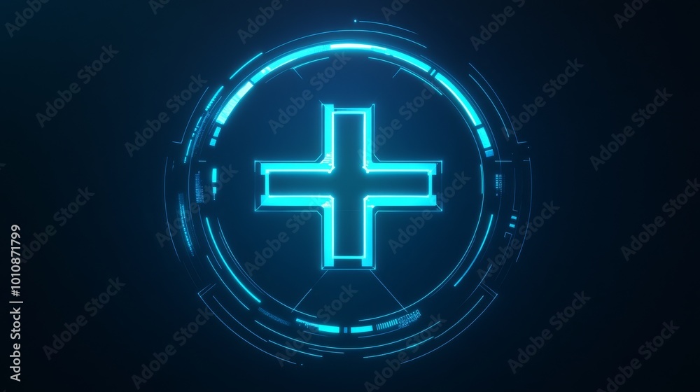 2410_211.futuristic medical cross icon, glowing neon blue, circular tech interface, dark navy background, holographic hud elements, geometric patterns, digital health concept, high-contrast vector