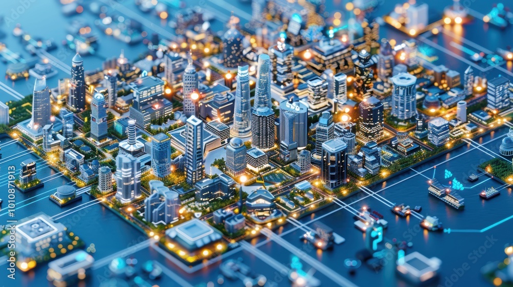 A vibrant, futuristic cityscape model with illuminated skyscrapers, water features, and intricate road networks, showcasing advanced urban design.