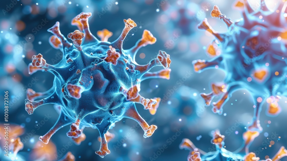 A close-up of virus particles, showcasing their complex structure and vibrant colors, representing biological and microscopic phenomena.