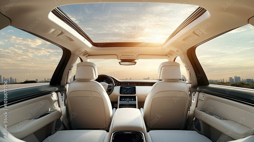 The interior of a modern car, viewed from the back seat, showcasing spacious seating, a panoramic sunroof, and a well-designed dashboard for a comfortable road trip vibe. The interior of a modern car, viewed from the back seat, showcasing spacious seating, a panoramic sunroof, and a well-designed dashboard for a comfortable road trip vibe.
