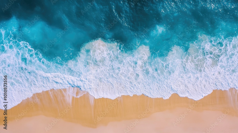 Top-down aerial view of blue ocean waves meeting the golden sands of a Vietnam beach, creating a serene and inviting summer holiday scene. Top-down aerial view of blue ocean waves meeting the golden sands of a Vietnam beach, creating a serene and inviting summer holiday scene.