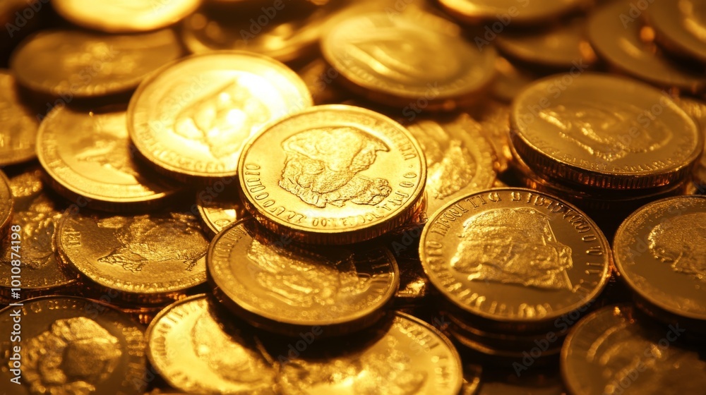 A pile of shiny gold coins set against a plain white background. A pile of shiny gold coins set against a plain white background.