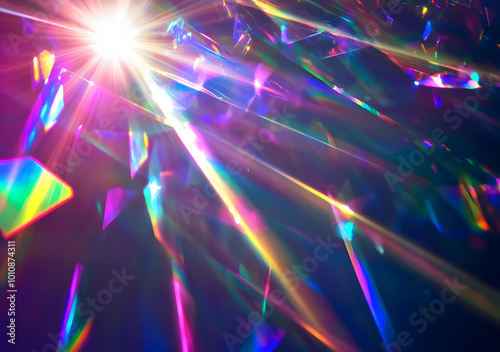 Crystal light leak effect for photo overlay. Ethereal Lens rainbow light streak transparent effect. Vector illustration. Iridescent crystal leak glare reflection effect. photo