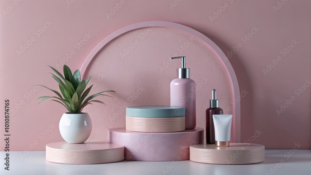 Minimalist vanity setup with pink and white decor. Minimalist vanity setup with pink and white decor.