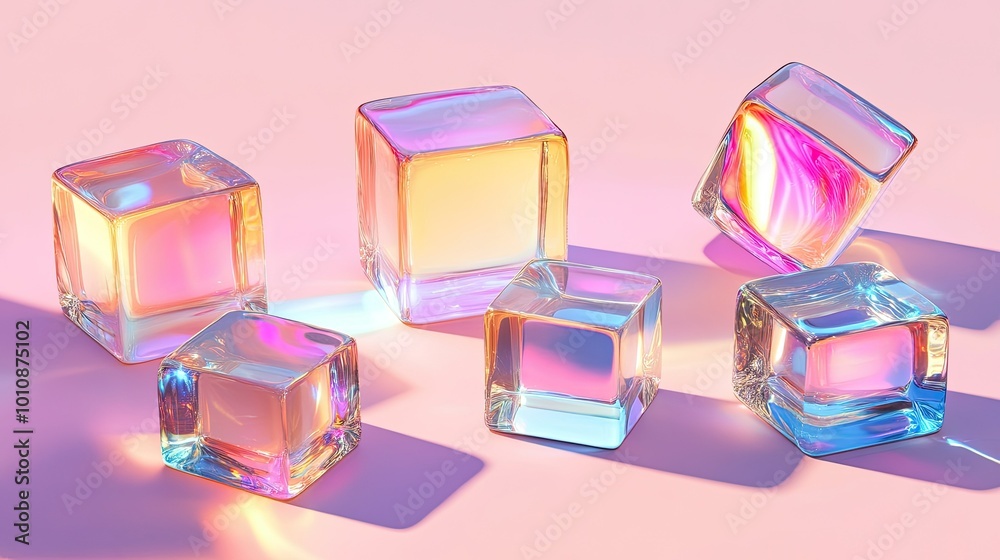 Six iridescent glass cubes on a pink background with reflections. Six iridescent glass cubes on a pink background with reflections.