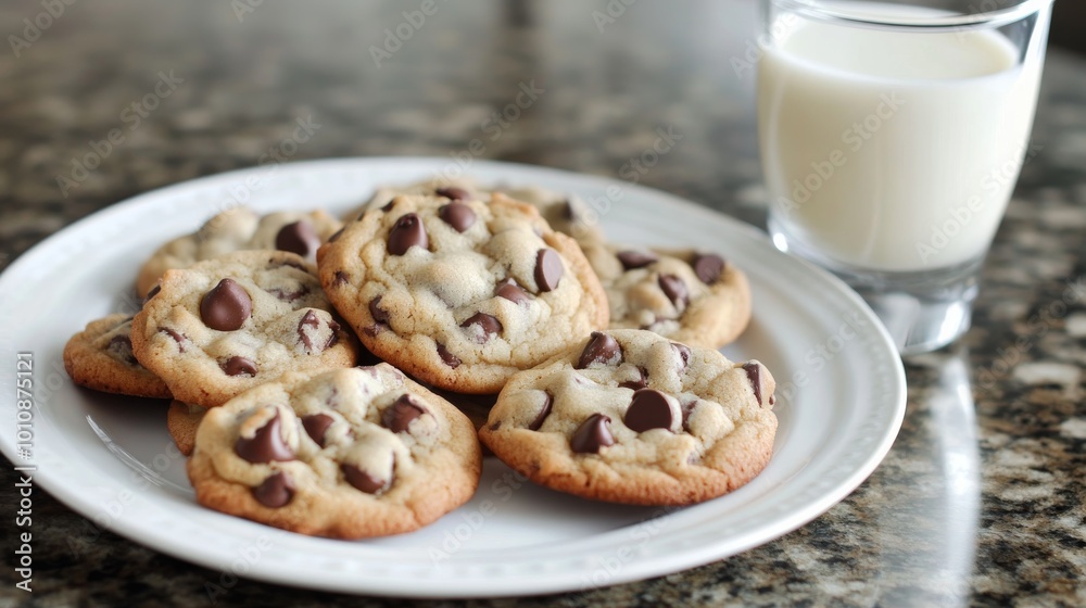 A plate holds warm, chocolate chip cookies, ready to be enjoyed with a glass of cold milk. A plate holds warm, chocolate chip cookies, ready to be enjoyed with a glass of cold milk.