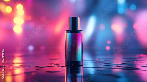 A glass bottle with a metallic label stands in front of a blurred neon background.