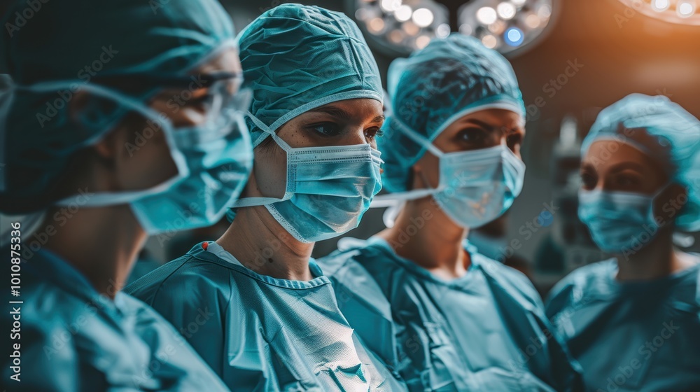 A focused group of healthcare professionals in surgical attire, wearing masks and caps, ready for a procedure in a well-lit operating room.