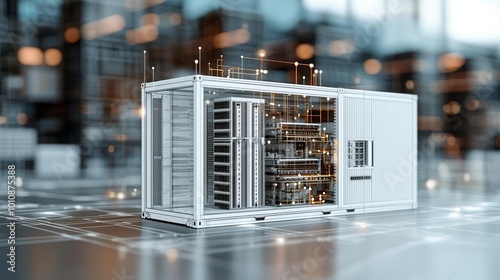 3D blueprint of a modular data center container, showcasing intricate internal layout and engineering design, futuristic technology